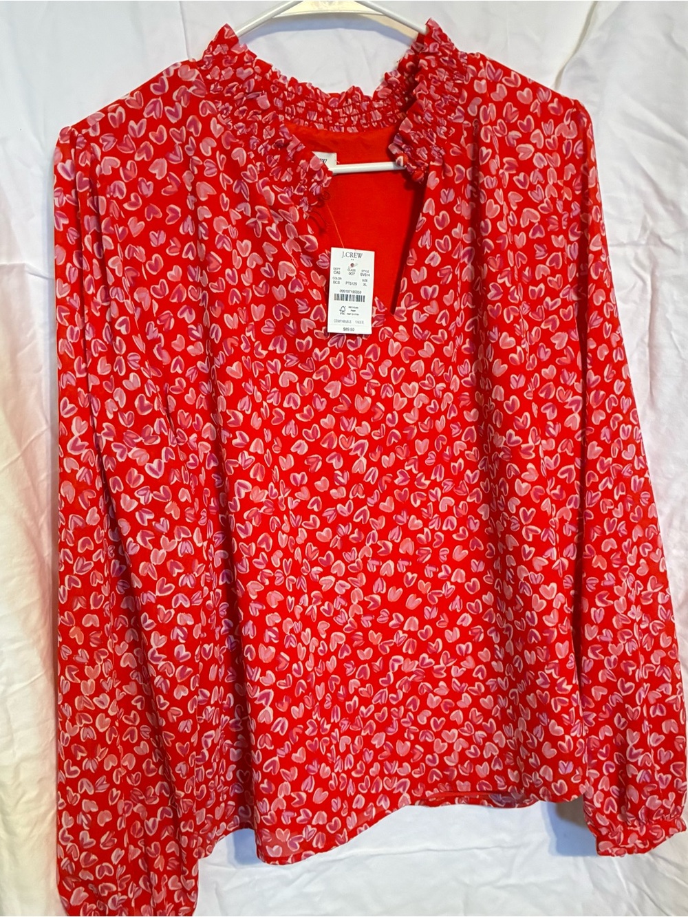 J. Crew Red Heart-Print Long-Sleeve Blouse with Ruffled Neck